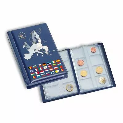 Pocket album with 12 numismatic sheets for 12 complete sets of blue euros