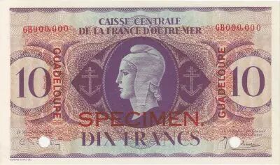 Guadeloupe 10 Francs Marian - Cross of Lorraine - 1944 Specimen