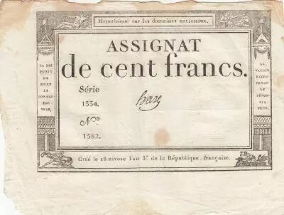 100 Francs - 18 Nivose An III - (07.01.1795) - Sign. Haze - Serial 1334