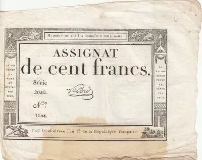 100 Francs - 18 Nivose An III - (07.01.1795) - Sign. Lehord - Serial 2020