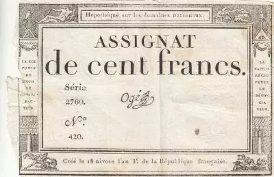 100 Francs - 18 Nivose An III - (07.01.1795) - Sign. Og� - Serial 4175 2760