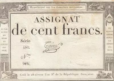 100 Francs - 18 Nivose An III - (07.01.1795) - Sign. Taizy - Serial 591