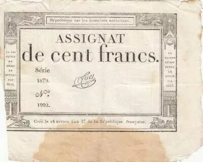 100 Francs - 18 Nivose An III - (07.01.1795) - Sign. Tuet - Serial 1879