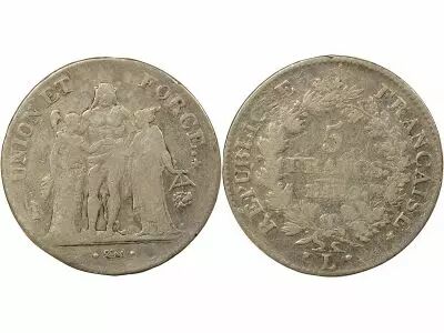 5 Silver Francs, Union & Force - Yea 9 L Bayonne