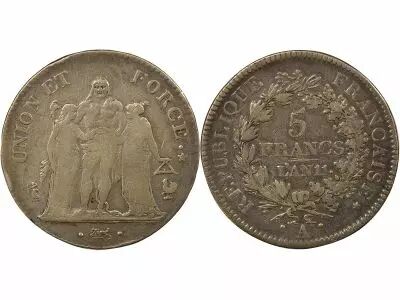 5 Silver Francs, Union & Force - Year 11 A Paris, Rooster over Horn