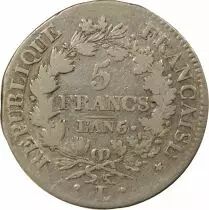5 Silver Francs, Union & Force - Year 5 L Bayonne