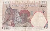 &Aacute;frica del oeste francesa 25 Francs - Man and horse, Lion - Blue numerals - 1938 - Serial H.699 - VF - P.22