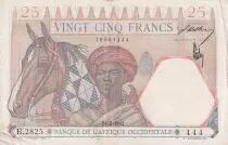 �frica del oeste francesa 25 Francs - Man and horse, Lion - Red numerals - 1942 - Serial B.2825 - VF+ - P.27