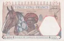 �frica del oeste francesa 25 Francs - Man and horse, Lion - Red numerals - 1942 - Serial G.2554 - XF - P.27