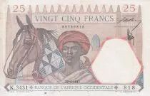 �frica del oeste francesa 25 Francs - Man and horse, Lion - Red numerals - 1942 - Serial K.3431 VF+ - P.27