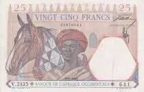 �frica del oeste francesa 25 Francs - Man and horse, Lion - Red numerals - 1942 - Serial V.2435 - VF+ to XF - P.27