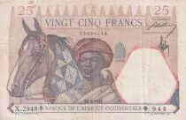 �frica del oeste francesa 25 Francs - Man and horse, Lion - Red numerals - 1942 - Serial X.2948 - VF - P.27