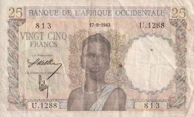 �frica del oeste francesa 25 Francs - Woman - Man with a cow - 1943 - Serial U.1288 - F to VF - P.38