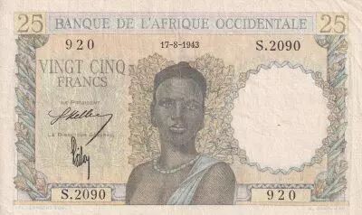 �frica del oeste francesa 25 Francs - Woman, Man with a cow - 1943 - Serial  S.2090 - VF+ - P.38