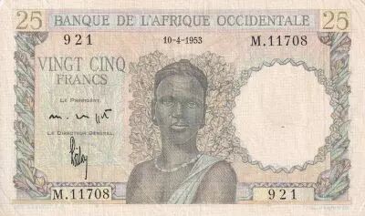 �frica del oeste francesa 25 Francs - Woman, Man with a cow - 1943 - Serial M.11708  - VF+ - P.38