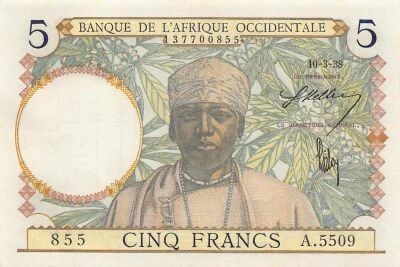 �frica del oeste francesa 5 Francs - 10-03-1938 - P.21