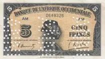 �frica del oeste francesa 5 Francs - 1942 Serial AM - Specimen - XF - P.28