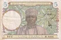 �frica del oeste francesa 5 Francs - Coffe tree - Man weaving - 06-03-1941 - Serial M.8006- VF+ - P.21