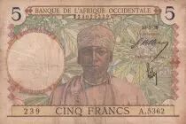 �frica del oeste francesa 5 Francs - Coffe tree - Man weaving - 10/03/1938 - Serial A.5362 - F - P.21