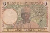 �frica del oeste francesa 5 Francs - Coffe tree - Man weaving - 10/03/1938 - Serial Y.5789 - F+ - P.21