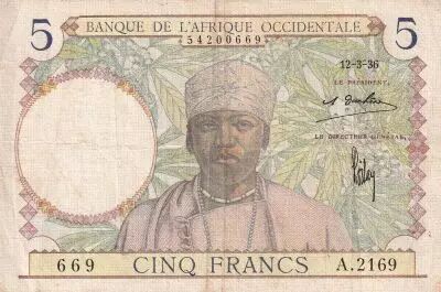 �frica del oeste francesa 5 Francs - Coffe tree - Man weaving - 12-03-1936 - Serial A.2169 - P.21