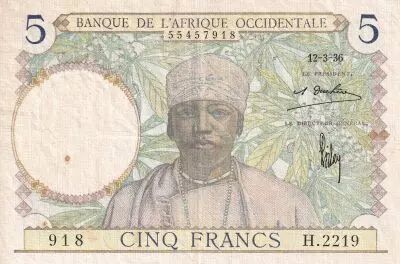 �frica del oeste francesa 5 Francs - Coffe tree - Man weaving - 12-03-1936 - Serial H.2219- VF+ - P.21