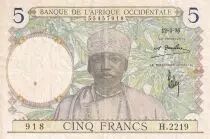 �frica del oeste francesa 5 Francs - Coffe tree - Man weaving - 12-03-1936 - Serial H.2219- VF+ - P.21