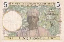 �frica del oeste francesa 5 Francs - Coffe tree - Man weaving - 12-08-1937 - Serial Z.3779  - VF - P.21