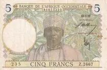�frica del oeste francesa 5 Francs - Coffe tree - Man weaving - 15-03-1937 - Serial Z.2667  - VF - P.21