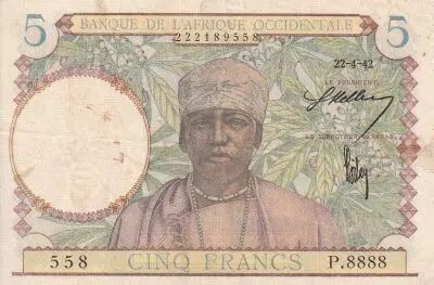 �frica del oeste francesa 5 Francs - Coffe tree - Man weaving - 22-04-1942 - Serial P.8888 - VF - P.25