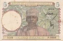 �frica del oeste francesa 5 Francs - Coffe tree - Man weaving - 22-04-1942 - Serial P.8888 - VF - P.25