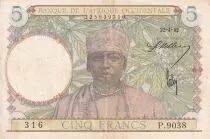 &Aacute;frica del oeste francesa 5 Francs - Coffe tree - Man weaving - 22-04-1942 - Serial P.9038 - XF - P.25