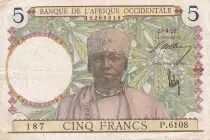 �frica del oeste francesa 5 Francs - Coffe tree - Man weaving - 27-04-1939 - Serial P.6108 - F - P.21