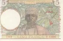 �frica del oeste francesa 5 Francs - Coffe tree - Man weaving - Red numbers - 1943 - Serial S.13344 - VF+ - P.26