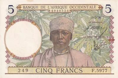 �frica del oeste francesa 5 Francs - Coffee - Man weaver - 10-03-1938 - Serial F.5977 - Number 148