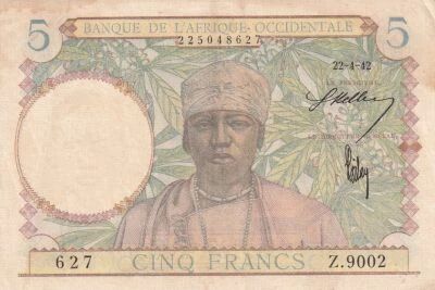 �frica del oeste francesa 5 Francs - Coffee Tree - Weaver Bird - 22-04-1942 - Series Z