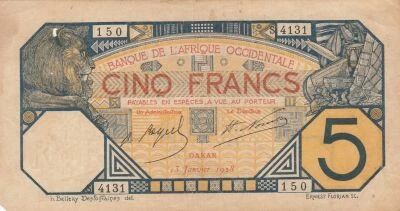 �frica del oeste francesa 5 Francs - Dakar - 13 January 1928 - Series S 4131