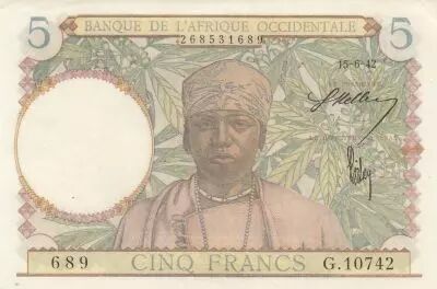 �frica del oeste francesa 5 francs - Man weaver - 15-06-1942 - Serial G.10742