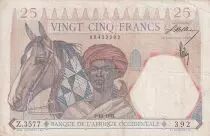 Africa dell\'ovest francese 25 Francs - Man and horse, Lion - Red numerals - 01-10-1942 - Serial VZ.3577 - P.27