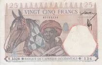 Africa dell\'ovest francese 25 Francs - Man and horse, Lion - Red numerals - 1942 - Serial T.3328 - VF+ - P.27
