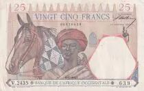 Africa dell\'ovest francese 25 Francs - Man and horse, Lion - Red numerals - 1942 - Serial V.2435 - VF+ - P.27
