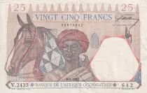 Africa dell\'ovest francese 25 Francs - Man and horse, Lion - Red numerals - 1942 - Serial V.2435 - VF+ - P.27