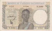 Africa dell\'ovest francese 25 Francs - Woman, Man with a cow - 1943 - Serial  S.2090 - VF+ - P.38