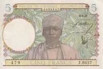 Africa dell\'ovest francese 5 Francs - Coffe tree - Man weaving - 06-03-1941 - Serial J.8037 - P.21