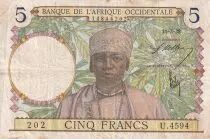 Africa dell\'ovest francese 5 Francs - Coffe tree - Man weaving - 10-03-1938 - Serial U.4594 - P.21