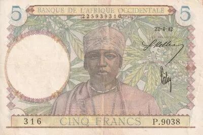 Africa dell\'ovest francese 5 Francs - Coffe tree - Man weaving - 22-04-1942 - Serial P.9038 - XF - P.25