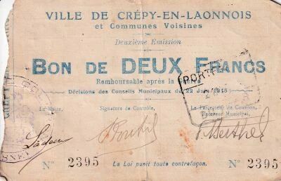Aisne Bon de Deux Francs - Ville de Cr�py-en-Laonnois - Deuxi�me �mission 1915