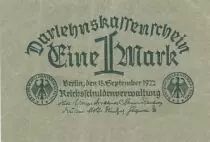 Alemania 1 Mark - Darlehens-Kassenschein - 1922 - Green paper