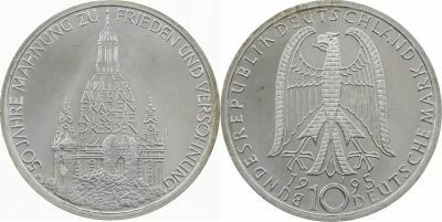 Alemania 10 Mark - Dresden Frauenkirche, 50th Anniversary of its Destruction ? 1995 J Hamburg ? Silver