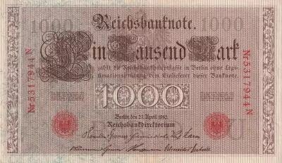 Alemania 1000 Mark - Allegorical figures - Red seal - 1910 - 7 digit serial N